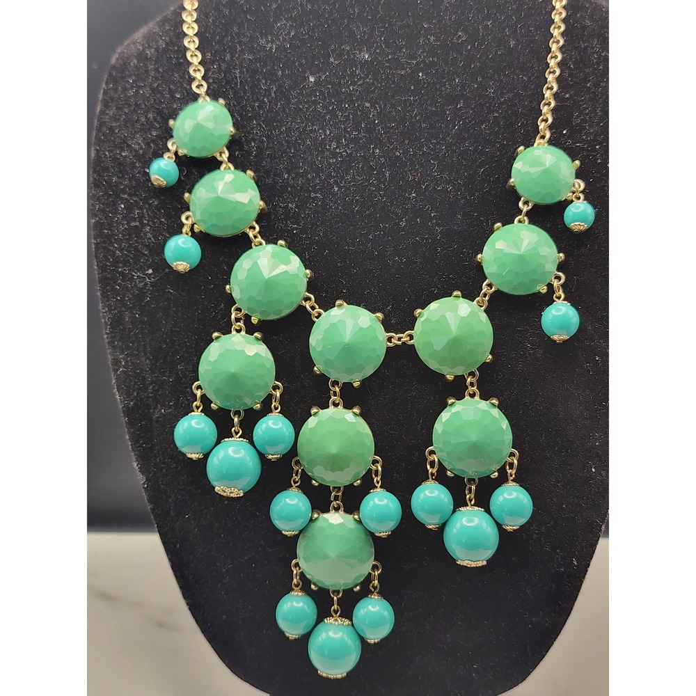 Green Teal Statement Bib Necklace Gold Tone Faceted Resin Chunky Dangle 23in